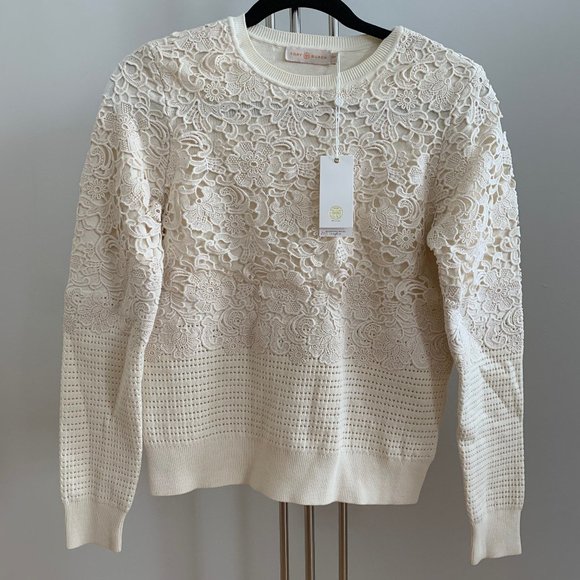 Tory Burch Lace Floral Applique Sweater 